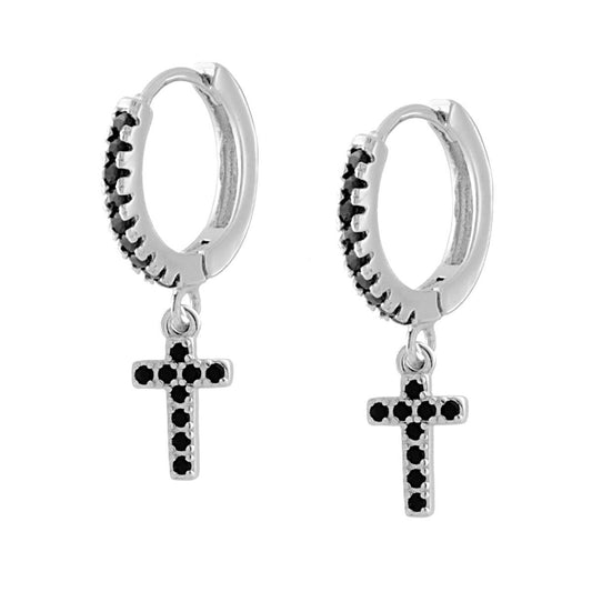 Ohrhänger, kreisförmige Klappverschlüsse, mit schwarzen Zirkonen und hängendem Kreuz, schwarze Zirkone in 925er Silber rhodiniert - MeinSchmuckShop