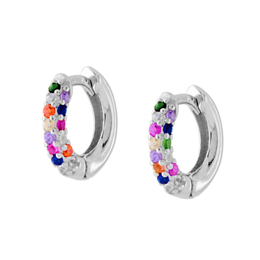 Ohrringe, Kreis-Ø 10 mm, mit mehrfarbigen Rainbow-Zirkonien, aus 925er Silber rhodiniert - MeinSchmuckShop