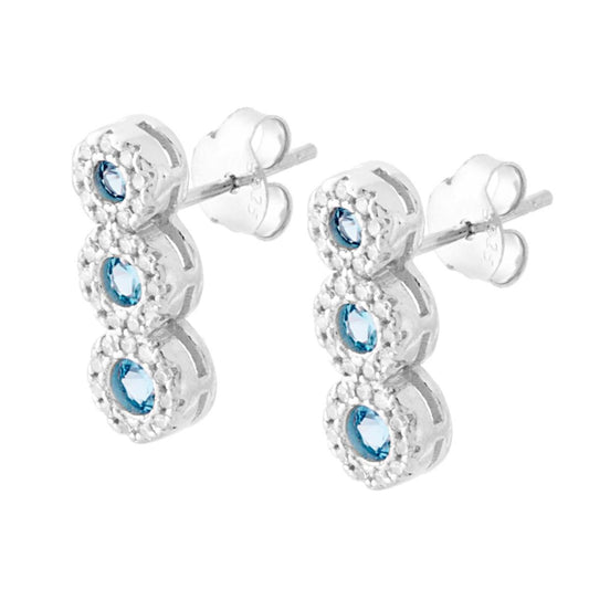Ohrstecker Trilogy Aquamarin, umrahmt von weißen Zirkonen, aus 925er Silber, galvanisch rhodiniert. - MeinSchmuckShop