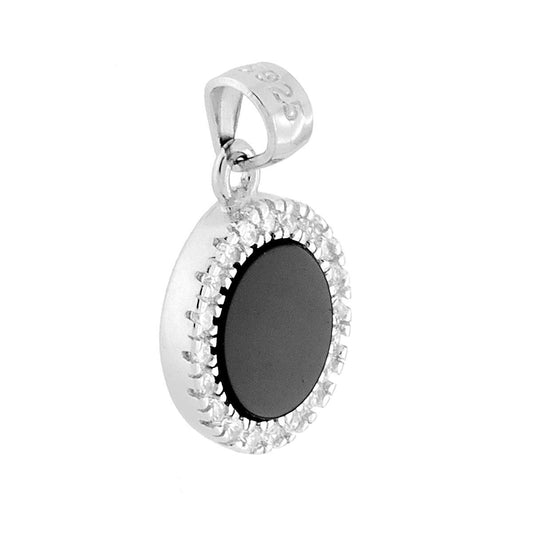 Runder Anhänger aus schwarzem Onyx, umrahmt von weißen Zirkonien, aus 925er Silber, rhodiniert. - MeinSchmuckShop
