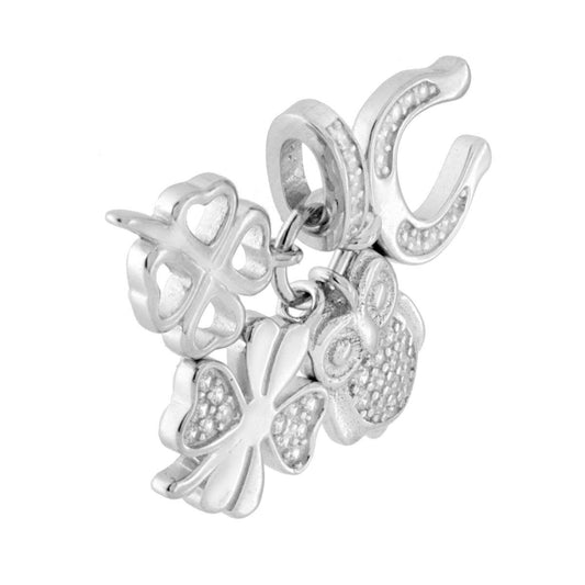 Mehrreihiger Anhänger Glücksbringer Eule Hufeisen Kleeblatt mit weißen Zirkonen aus 925er Silber, galvanisch rhodiniert - MeinSchmuckShop