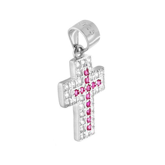 Anhänger Kreuz mit rubinroten Zirkonen, von weißen Zirkonen umrahmt, aus 925er Silber, rhodiniert. - MeinSchmuckShop