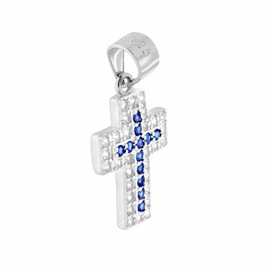 Anhänger Kreuz mit blauen Zirkonen, Saphire umrundet von weißen Zirkonen, aus 925er Silber, galvanisch rhodiniert - MeinSchmuckShop