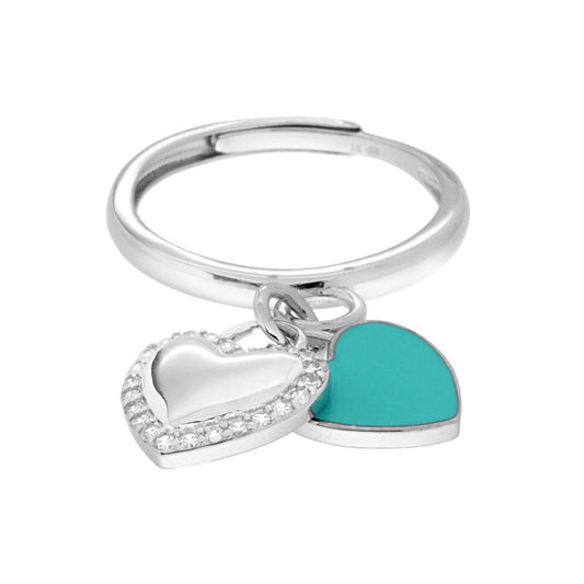 Ring mit hängenden Herzen, Aquamarin-Emaille und Plain mit weißen Zirkonen in 925er Silber rhodiniert - MeinSchmuckShop