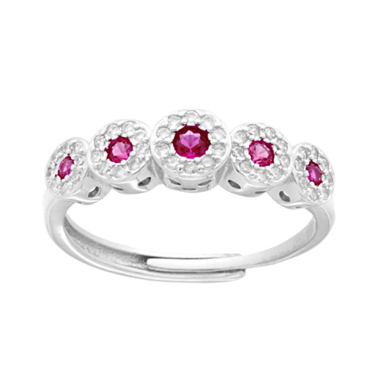 Veretta-Ring Rubinrotes Cubic Zirconia, umrandet von weißen Cubic Zirconia, aus 925er Silber rhodiniert. - MeinSchmuckShop