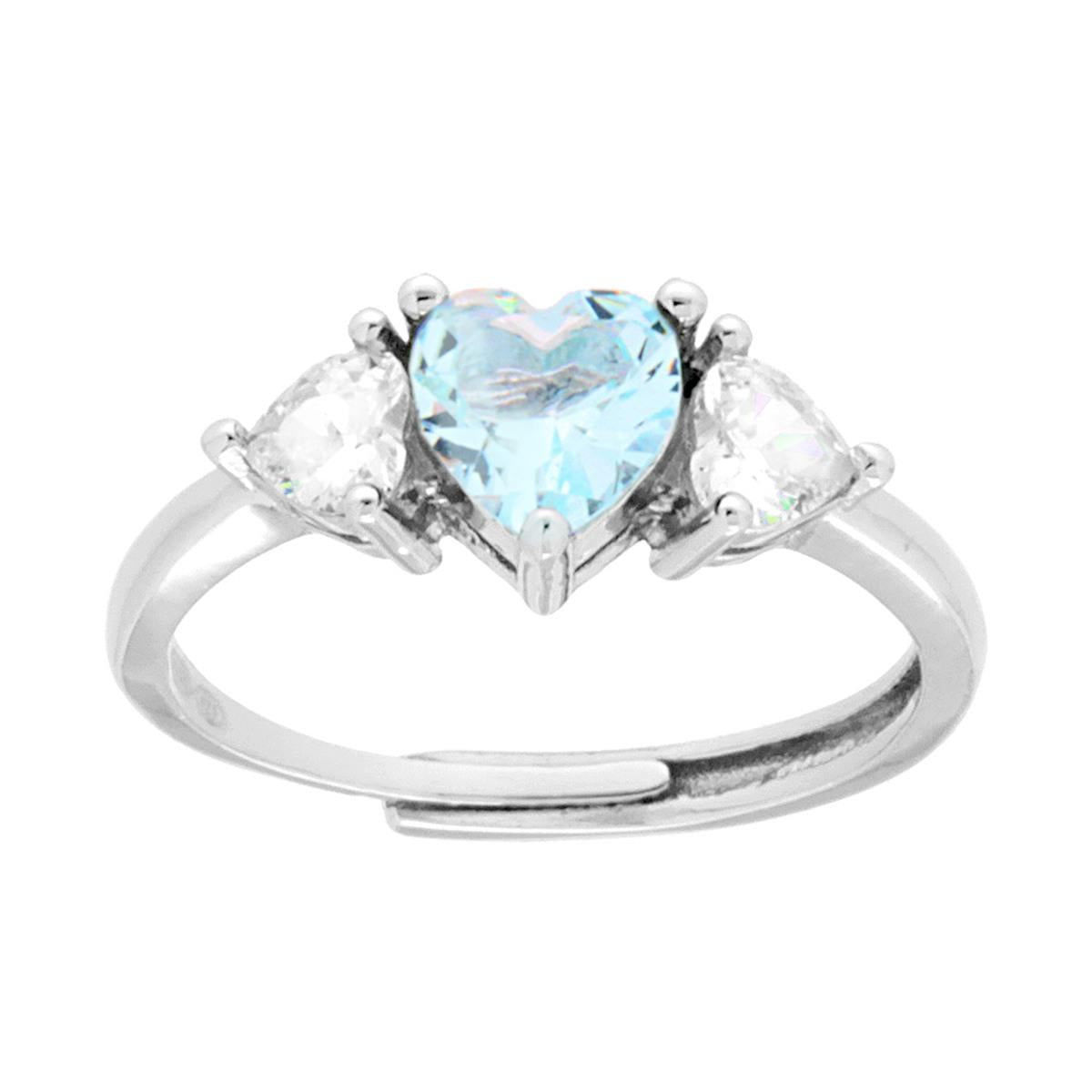 Trilogie-Ring Herz Cubic Zirconia Aquamarin mit weißen Herzen in 925er Silber rhodiumbeschichtet - MeinSchmuckShop