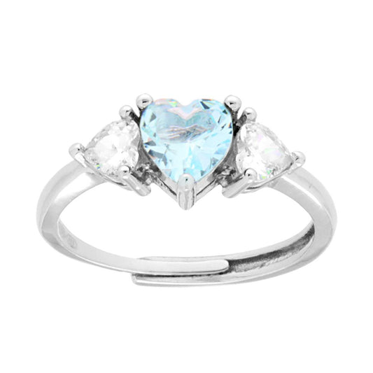 Trilogie-Ring Herz Cubic Zirconia Aquamarin mit weißen Herzen in 925er Silber rhodiumbeschichtet - MeinSchmuckShop