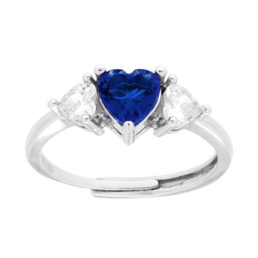 Trilogie-Ring Herz, blauer Zirkon-Saphir, mit weißen Herzen, 925er Silber rhodiniert - MeinSchmuckShop