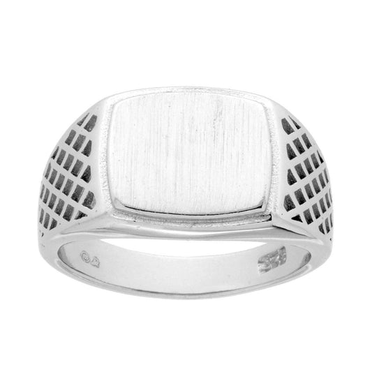 Chevalier-Ring mit rechteckigem Schild, glatt satiniert, geometrische Dekoration, Silber 925, rhodiniert galvanisch - MeinSchmuckShop