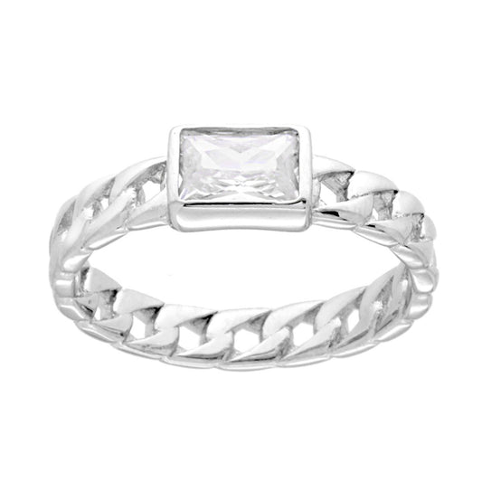 Solitärring mit Grumetta-Kette, weißer rechteckiger Zirkon, 925er Silber rhodiniert - MeinSchmuckShop