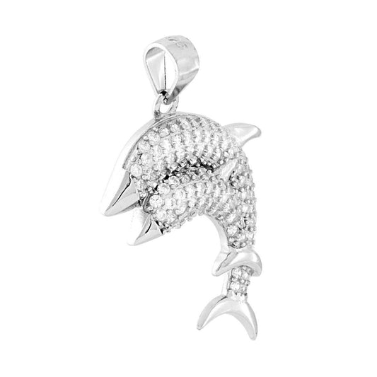 Anhänger mit zwei Delfinen, weißen Zirkonen, aus 925er Silber, rhodiniert. - MeinSchmuckShop