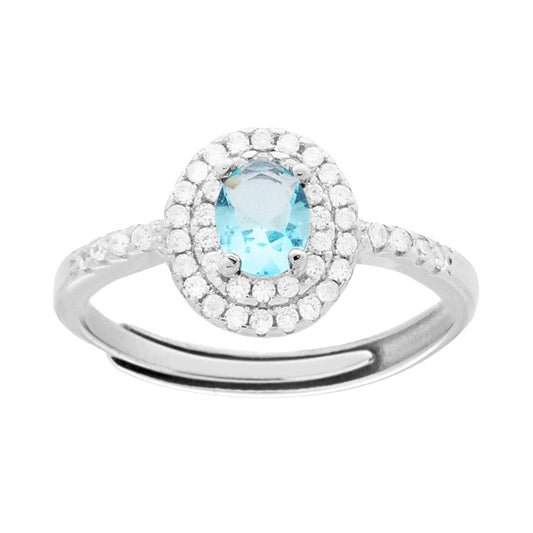 Solitärring Halo mit ovalem Zirkon und Aquamarin, umgeben von weißen Zirkonen, in 925er Silber galvanisch rhodiniert - MeinSchmuckShop