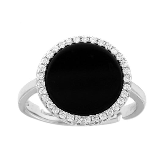 Runder Ring aus schwarzem Onyx, eingefasst von weißen Zirkonen, aus 925er Silber, rhodiniert galvanisch. - MeinSchmuckShop