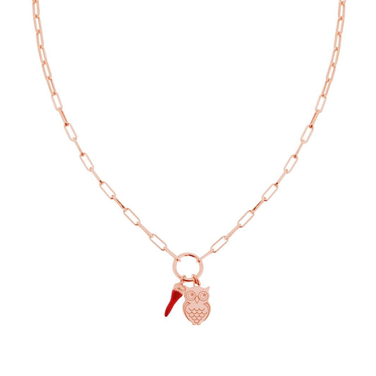 Verlängerte Ankerkette mit Glückshorn-Anhänger, roter Emaille und Eule aus 925er Silber, roségoldplattiert - MeinSchmuckShop