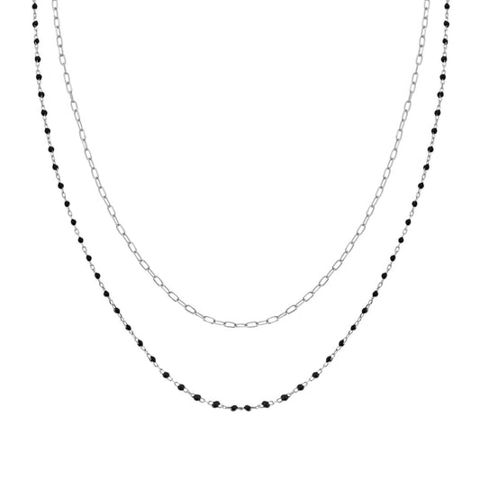 Zweisträngige Kette, feine Gliederkette, verlängert, mit schwarzer Emaille, aus 925er Silber, galvanisch rhodiniert. - MeinSchmuckShop
