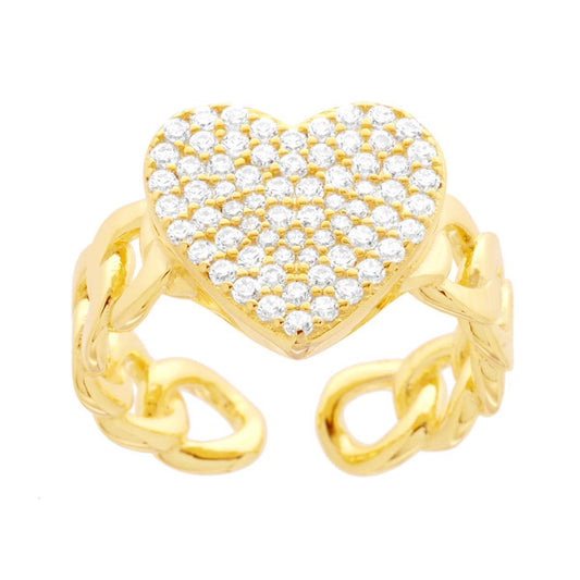 Herzring mit weißen Cubic Zirconia, mit Grumetta-Kette aus Silber 925, goldplatiert - MeinSchmuckShop