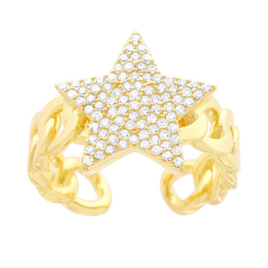 Ring mit breitem Band, Grumetta, mit weißem Cubic Zirconia-Stern, aus Silber 925, goldveredelt - MeinSchmuckShop