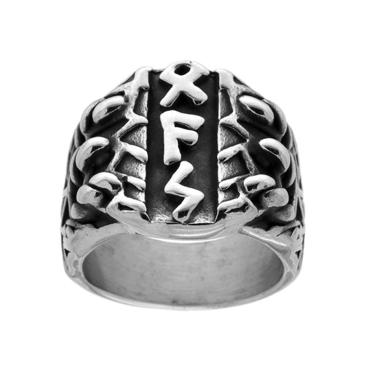 Herrenring Chevalier mit Dekor antiker Symbole aus brüniertem Stahl - MeinSchmuckShop