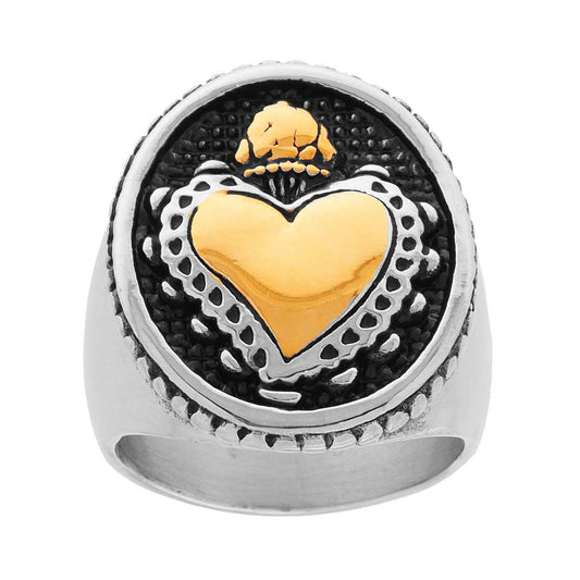 Herrenring Chevalier Oval mit Votivherz, goldfarben aus brüniertem Stahl. - MeinSchmuckShop
