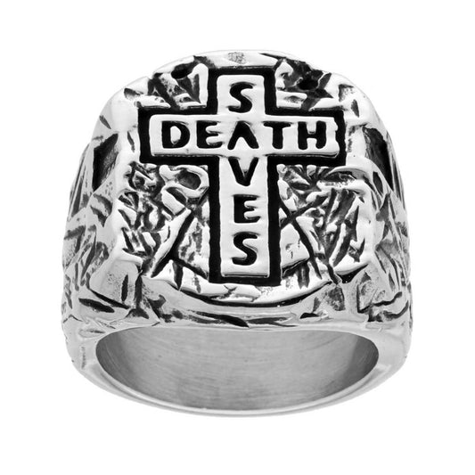 Ring des Mannes Chevalier mit Kreuz und der Aufschrift SAVES DEATH in brüniertem Stahl - MeinSchmuckShop