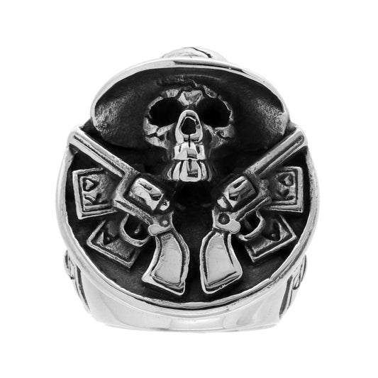 Maxi-Herrenring Chevalier Western mit Schädel, Hut und Pistolen aus gebürstetem Stahl - MeinSchmuckShop