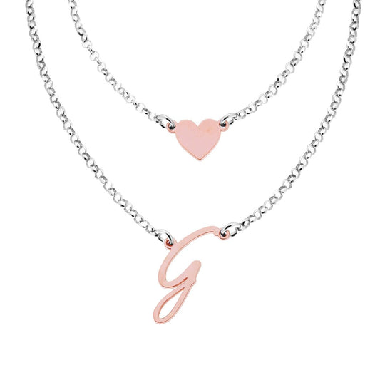 Zwei-fädige Halskette, Rolo-Kette, diamantierte, mit Initial G und Herz, aus 925er Silber, galvanisch Rhodium- und Rosé veredelt - MeinSchmuckShop