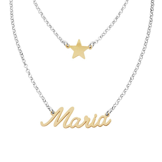 Zweifädige Rolo-Kette, diamantiert, mit den Namen Maria und Stella in Kursivschrift, aus Silber 925, galvanisch Rhodium- und Goldbeschichtet. - MeinSchmuckShop