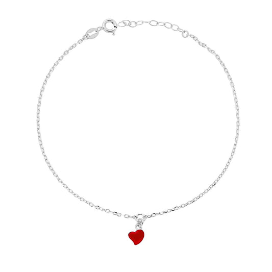 Ankletkette, diamantbesetzt, mit rotem emaillierten Herz-Anhänger aus 925er Silber, rhodiniert - MeinSchmuckShop