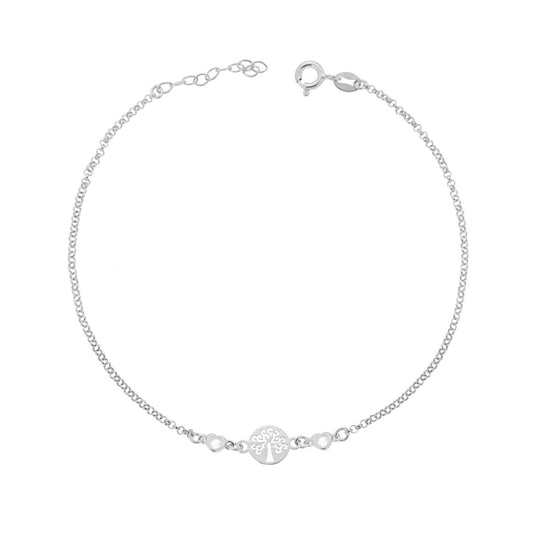 Fußkette mit Diamant-Rolo-Kette, mit Lebensbaum und weißen Herz-Zirkonen aus 925er Silber, rhodiniert - MeinSchmuckShop