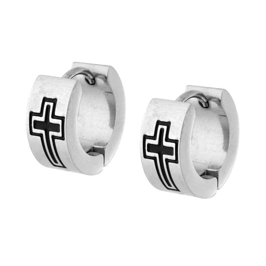 Ohrringe Kreis mit Kreuz, schwarzes Emaille, aus Edelstahl - MeinSchmuckShop