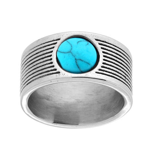Ring mit gerippter Binde und rundem Türkisstein aus Edelstahl - MeinSchmuckShop