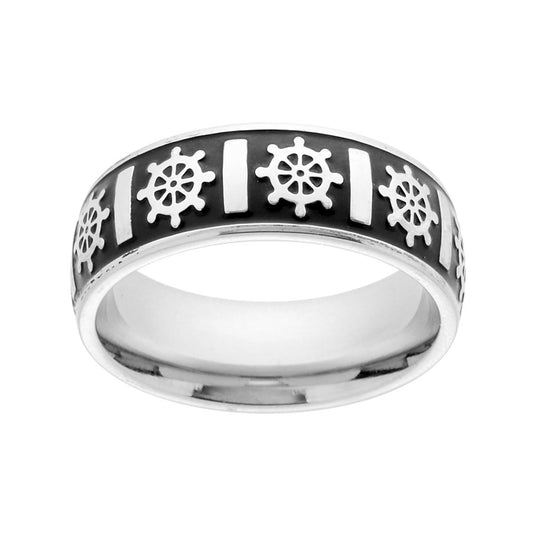 Herrenring mit gewölbtem Band, Anker und schwarzer Emaille aus Stahl - MeinSchmuckShop
