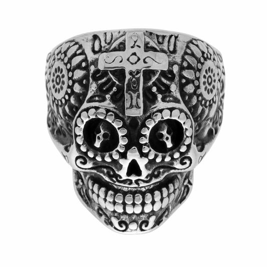 Ring Chevalier Mexikanischer Schädel mit seitlichen Verzierungen aus brüniertem Stahl - MeinSchmuckShop
