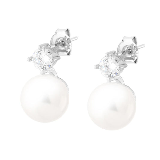 Ohrringe mit Punkt-Licht Zirkonia Weiß, mit Perle, 10 mm, Silber 925 rhodiniert galvanisch - MeinSchmuckShop