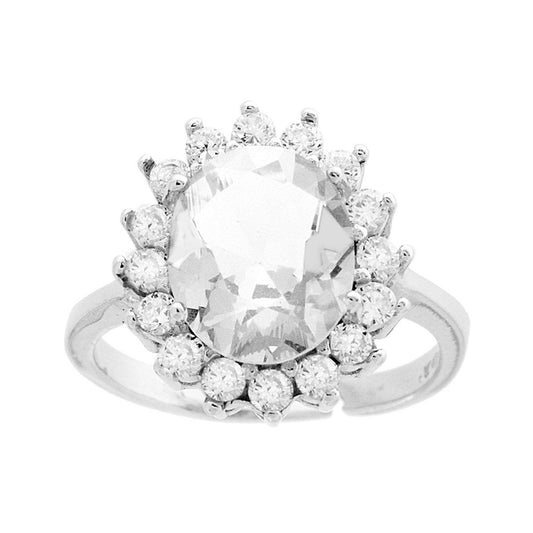 Ring Halo Solitär Oval Weiß, von weißen Zirkonen umrahmt, aus 925er Silber rhodiniert - MeinSchmuckShop