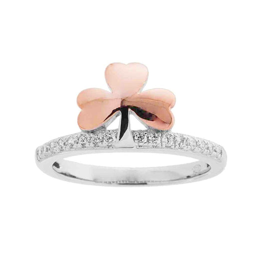 Veretta-Ring mit Kleeblatt, rose galvanisiert, und weißem Cubic Zirconia, aus 925er Silber, rhodiniert. - MeinSchmuckShop
