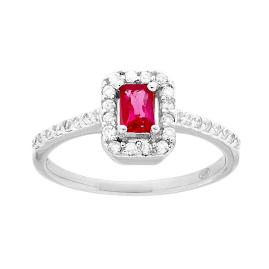 Halo-Solitär-Ring mit rechteckigem Cubic Zirconia, Rubinrot und weißen Zirkonien aus 925er Silber, rhodiniert. - MeinSchmuckShop
