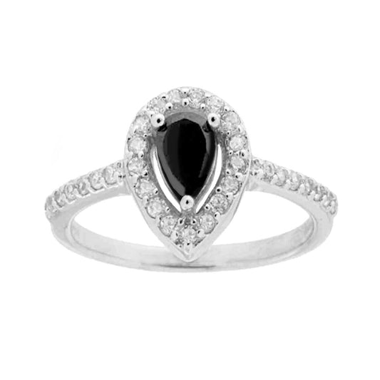 Solitärring mit Halo aus schwarzem Tropfen-Zircon, umrundet von weißen Zirkonen, aus 925er Silber rhodiniert - MeinSchmuckShop