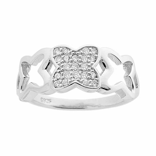 Ring mit Schmetterlingen und weißen Zirkonien in 925er Silber rhodiniert - MeinSchmuckShop