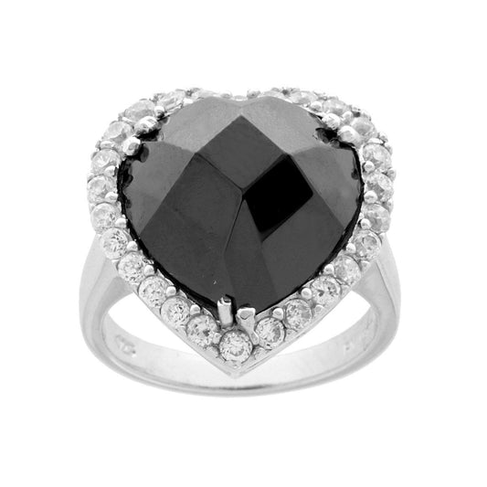 Solitärring mit Halo, schwarzes Herz, umrandet von weißen Cubic Zirconia, aus 925er Silber rhodiniert - MeinSchmuckShop