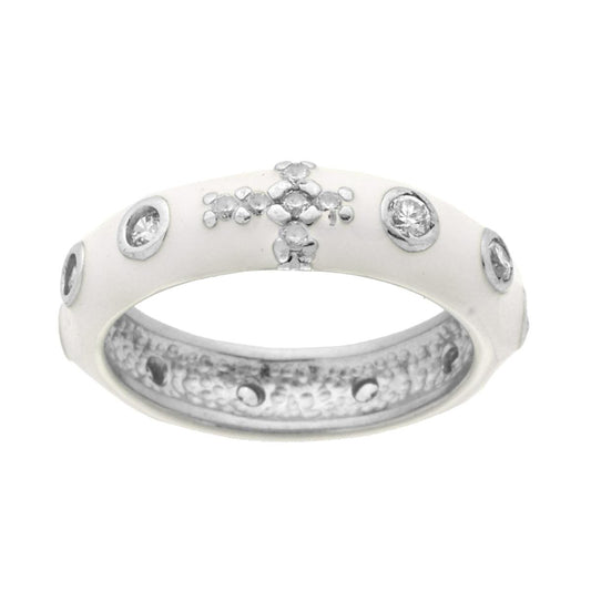 Rosenkranzring mit weißem Emaille und weißen Zirkonen aus Silber 925, rhodiniert galvanisch. - MeinSchmuckShop