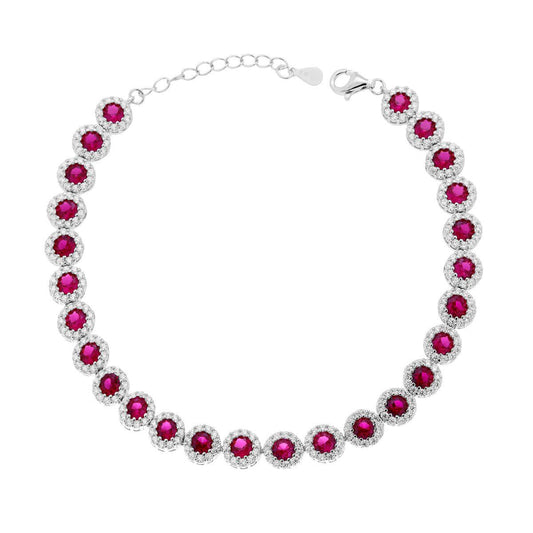 Tennisarmband mit Krappenfassungen, Länge 18+3 cm, Blüte mit rubinroten Cubic Zirconia, umgeben von weißen Cubic Zirconia, aus 925er Silber galvanisch rhodiniert - MeinSchmuckShop