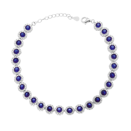 Tennisarmband mit Krappenfassung, Länge 18+3 cm, Blüte mit blauem Zirkonia-Saphirblau, umgeben von weißen Zirkonia, aus 925er Silber rhodiniert. - MeinSchmuckShop
