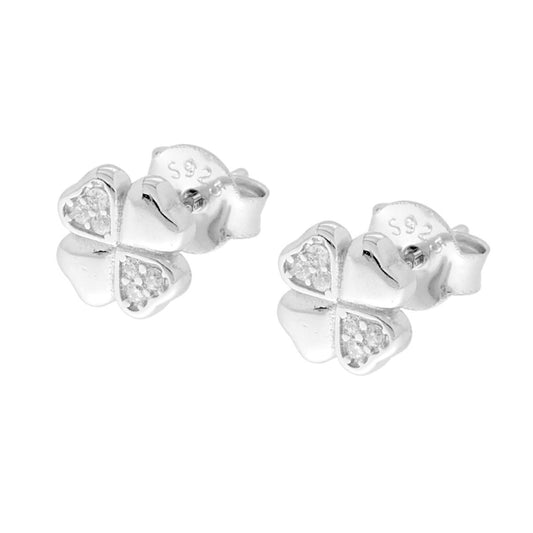 Ohrringe mit vierblättrigem Kleeblatt und Herzen, weiße Cubic Zirconia, Silber 925 rhodiniert - MeinSchmuckShop