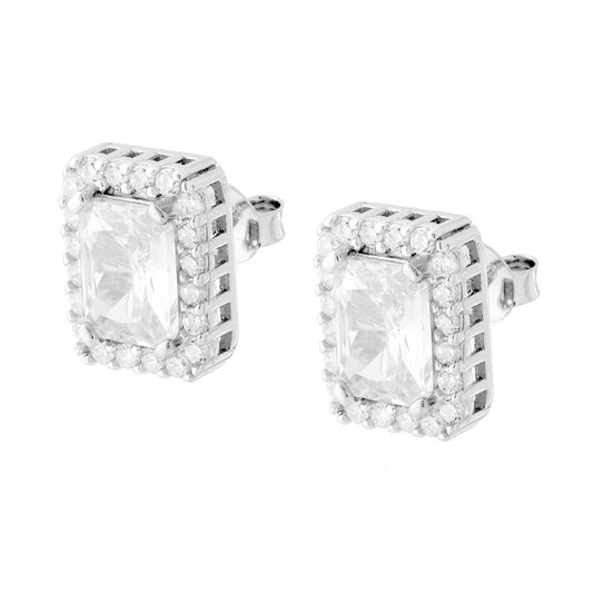 Rechteckige Ohrringe mit Cubic Zirconia, Punktstein, umrundet von weißen Cubic Zirconia, aus 925er Silber rhodiniert galvanisch - MeinSchmuckShop