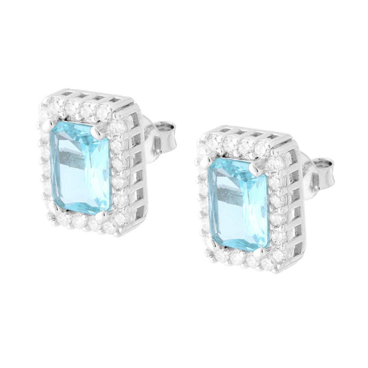 Rechteckige Ohrringe mit Aquamarin-Cubic-Zirkonia, umgeben von weißen Zirkonien, aus 925er Silber rhodiniert - MeinSchmuckShop