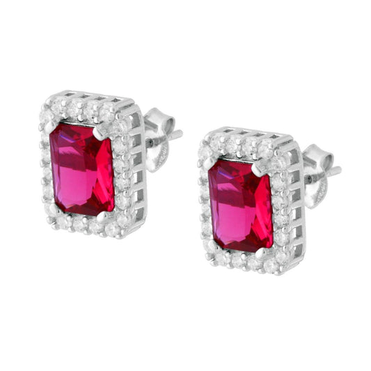 Ohrringe, rechteckig, mit rubinrotem Cubic Zirconia, umgeben von weißen Cubic Zirconia, aus 925er Silber rhodiniert - MeinSchmuckShop