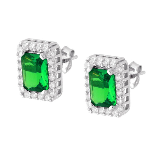 Rechteckige Ohrringe mit smaragdgrünen Cubic Zirconia, umgeben von weißen Cubic Zirconia, aus 925er Silber rhodiniert. - MeinSchmuckShop