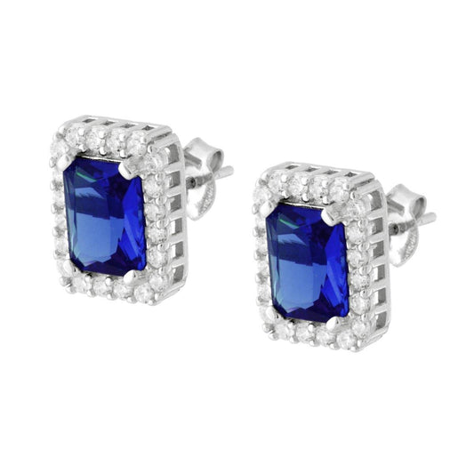 Rechteckige Ohrringe mit blauem Saphir-Cubic-Zirconia, umgeben von weißen Cubic-Zirconia, aus 925er Silber rhodiniert. - MeinSchmuckShop