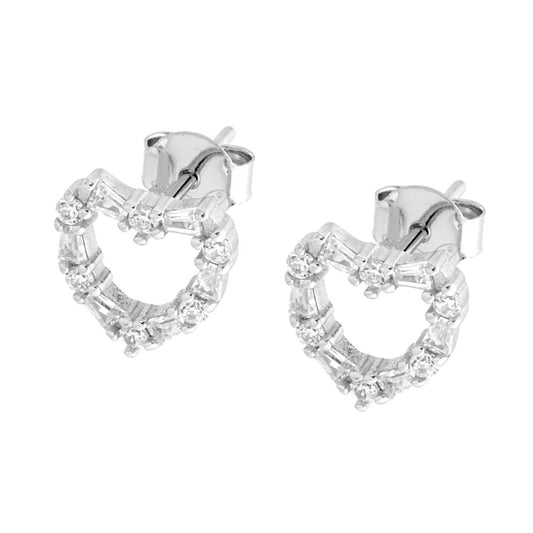 Ohrringe Herzform mit Cubic-Zirkonia, trapezförmig, weiße Zirkonia, Silber 925 galvanisch rhodiniert. - MeinSchmuckShop